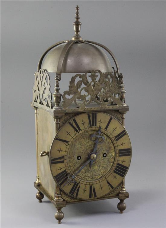 A late 19th century 17th century style brass lantern clock, height 15in.